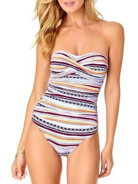 Anne Cole Womens Twist Front Shirred Bandeau One Piece Swimsuit Beach Size L NWT